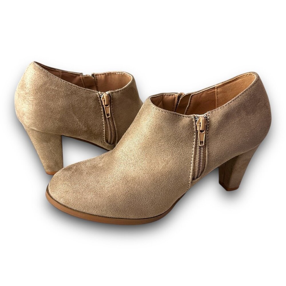 Chic Journee Women’s Faux Suede Tan High Heel Ankle Booties With Side Zipper - E